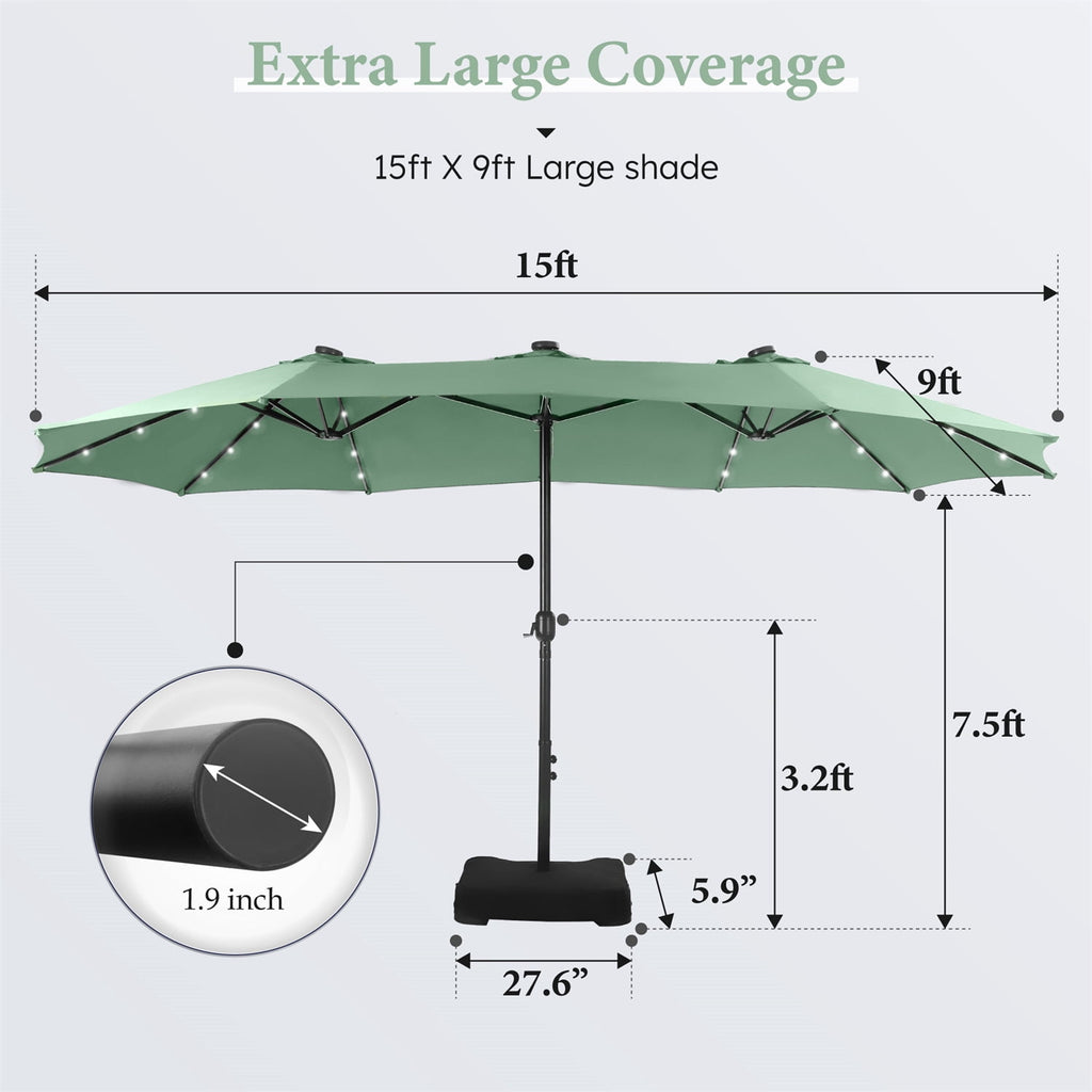 SUMMIT LIVING 15 FT Double-Sided Solar Patio Umbrella with Base Large Outdoor Umbrella with LED Solar Lights - Haze Blue