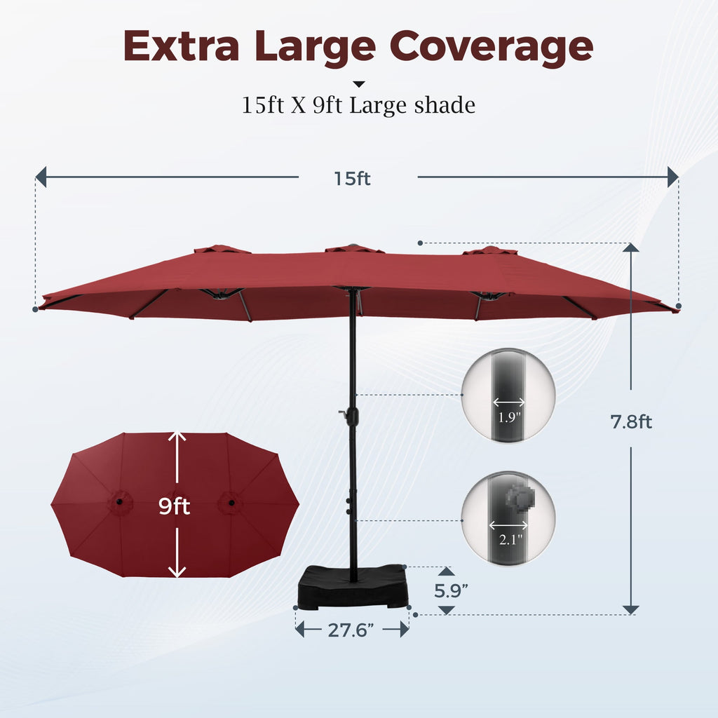 Alpha Joy 15ft Outdoor Patio Umbrella Extra-Large Double-Sided Garden Umbrella with Crank Handle and Base - Smoky Gray