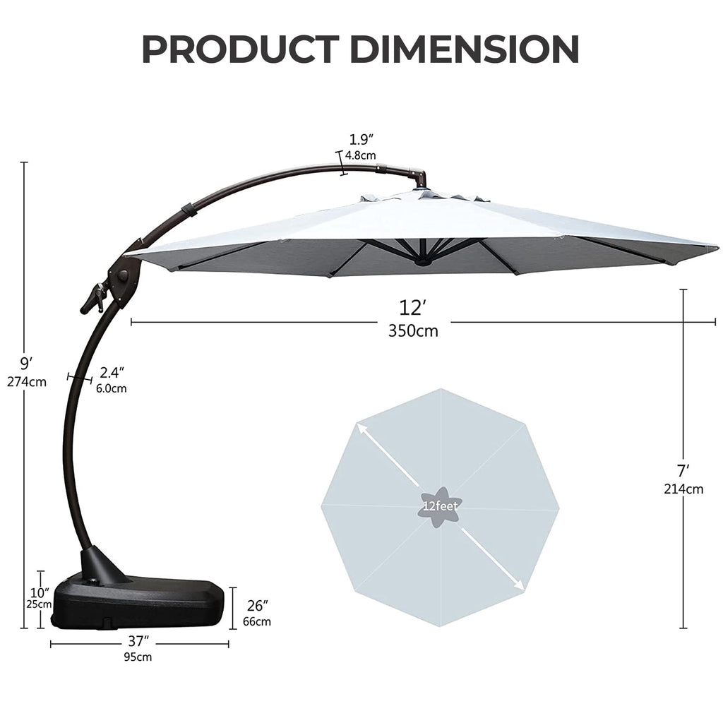 GRANDPATIO 12 Ft Outdoor Umbrella with Base, Large Aluminum Cantilever Offset Umbrella for Patio Pool, Black & White