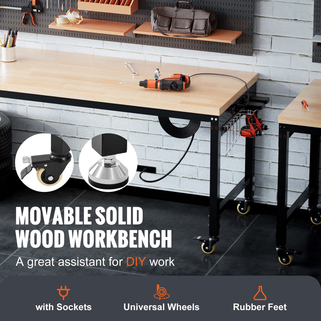KFFKFF Movable Workstation, 72 L X 25 W, Equipped with Universal Casters, Adjustable Heights from 28-39.5, Can Bear Up to 3000 LBS, Comes with Power Sockets