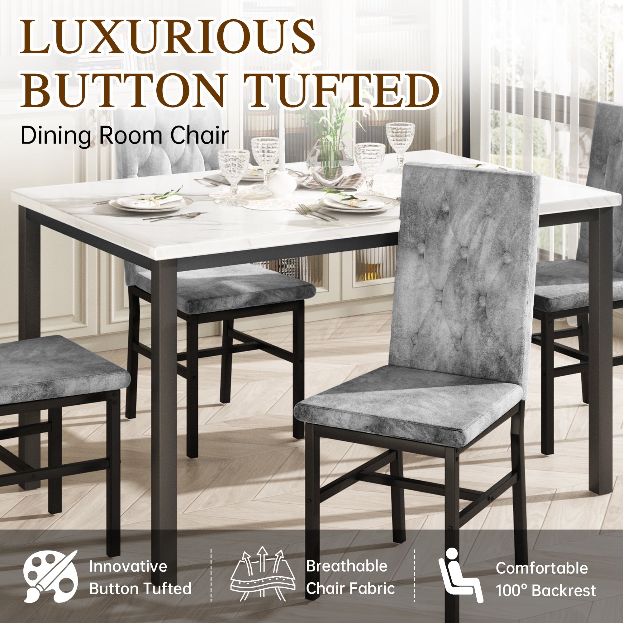 Baxluxe Dining Table Set for 4, Space Saving Rectangle Dining Table with 4 Velvet Dining Chairs, Faux Marble Kitchen Table and Chairs Set, Modern Dining Room Set for Kitchen, Pub, Beige+Gray