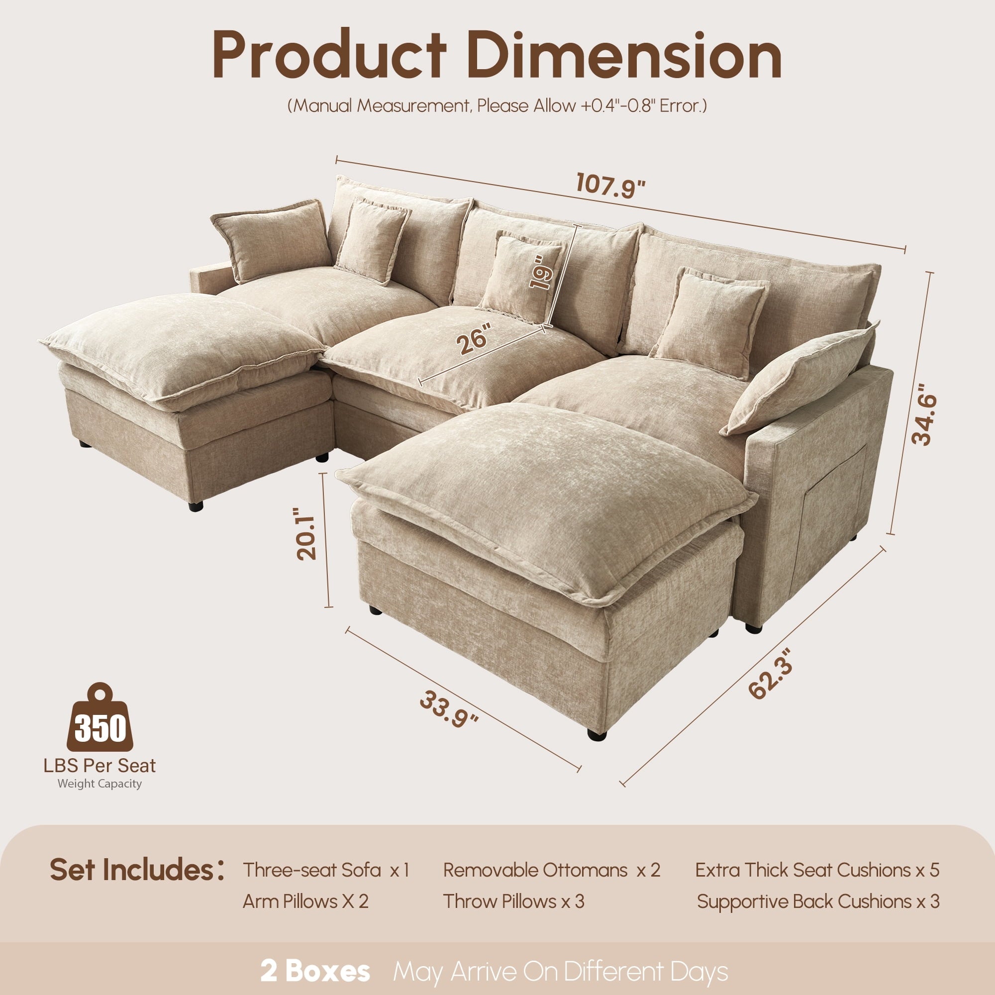 Ovios 108 Modular Sectional Sofa U-Shaped Cloud Couch with 2 Ottomans, Comfy Living Room Furniture, Chenille, Gray