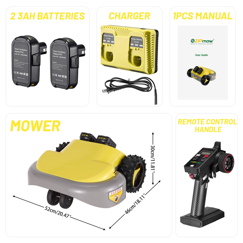 ZIPmow A106-RC Self-Propelled Cordless Lawn Mower - Remote Control, AWD, 45° Slope Climbing, 2-3 Inch Cutting Height, 60Min Runtime with Dual 3Ah Batteries, 17lbs Ultra-Lightweight