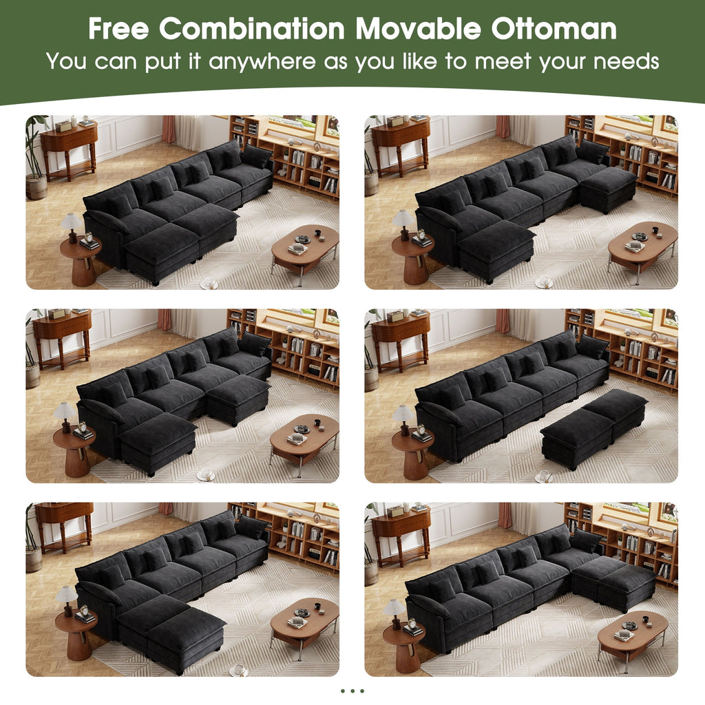 BedLuxury 111.5'' Modular Sectional Sofa with Movable Ottomans, U Shaped Cloud Couch for Living Room, 3-Seat, Beige