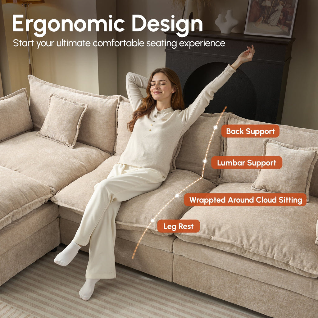 Ovios 108 Modular Sectional Sofa U-Shaped Cloud Couch with 2 Ottomans, Comfy Living Room Furniture, Chenille, Gray