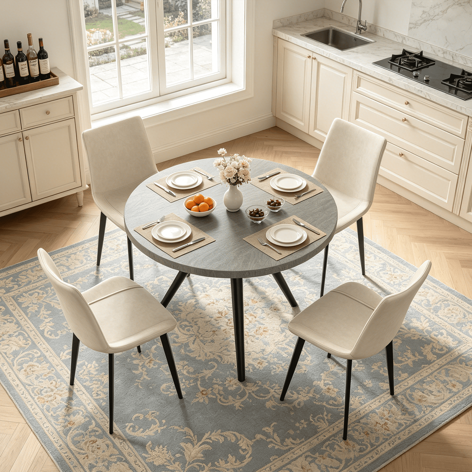 34.8 Round Dining Table Set for 4,5 Piece Mid-Century Modern Dining Set with 4 Upholstered Dining Chairs,Leisure Coffee Table for Kitchen Dining Room, Save Space