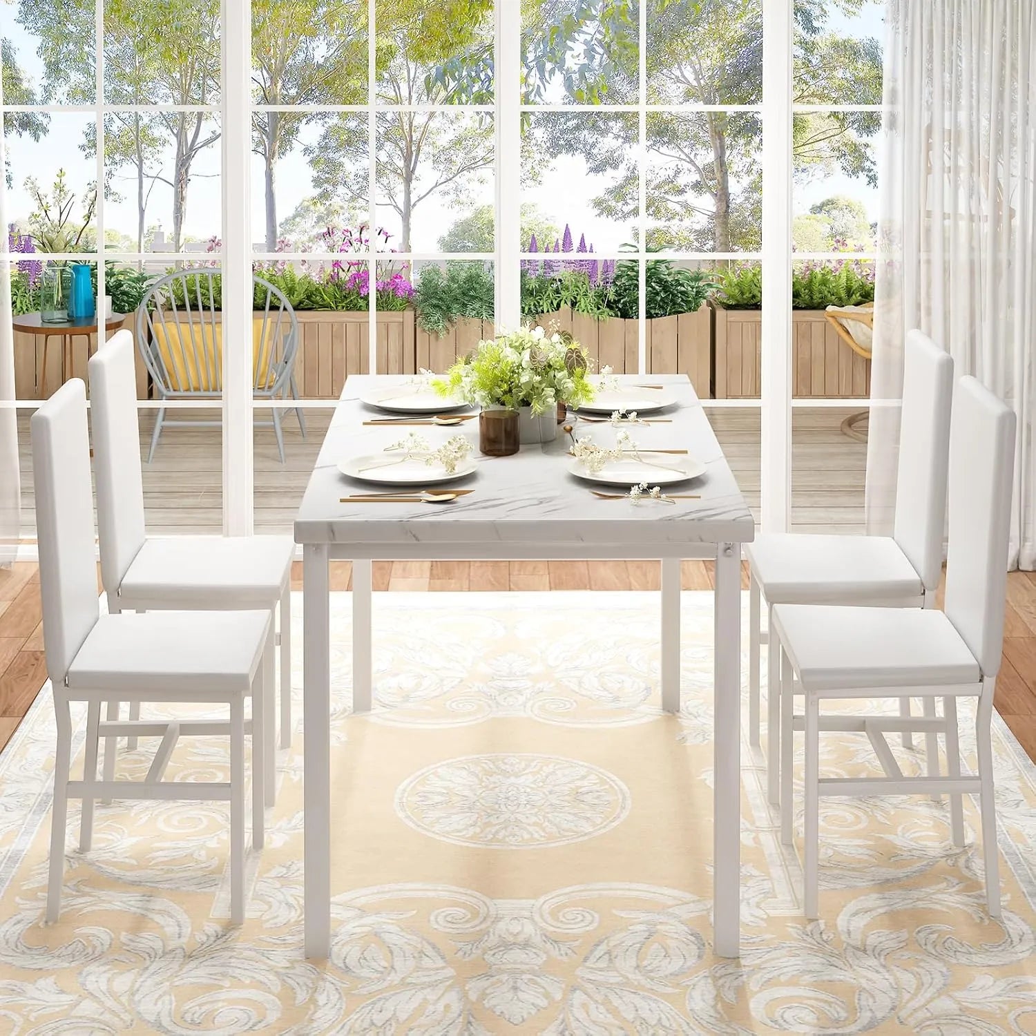 MOOSENG Dining Table Set for 4, Faux Marble Kitchen Table and Chairs Set of 4, 5-Piece Dining Room Set with PU Leather Upholstered Chairs for Small Space, Gray