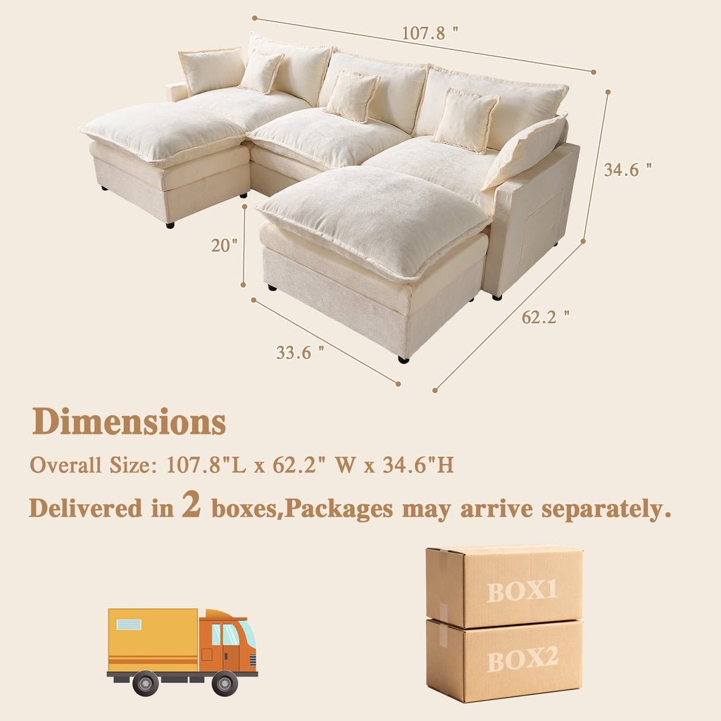 Ovios 108 Modular Sectional Sofa U-Shaped Cloud Couch with 2 Ottomans, Comfy Living Room Furniture, Chenille, Dark Blue
