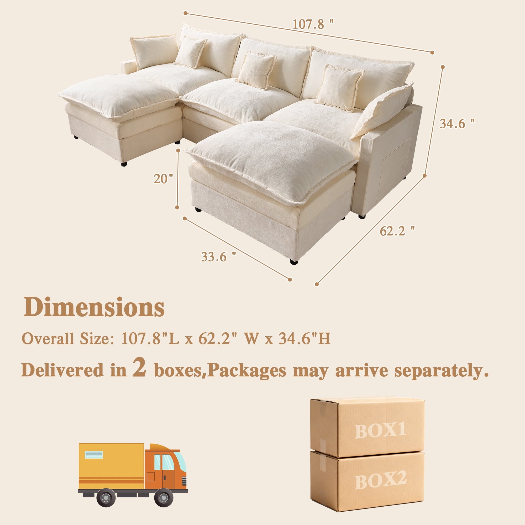 Ovios 108 Modular Sectional Sofa U-Shaped Cloud Couch with 2 Ottomans, Comfy Living Room Furniture, Chenille, Dark Blue