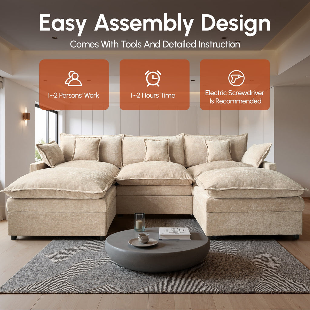 Ovios 108 Modular Sectional Sofa U-Shaped Cloud Couch with 2 Ottomans, Comfy Living Room Furniture, Chenille, Camel