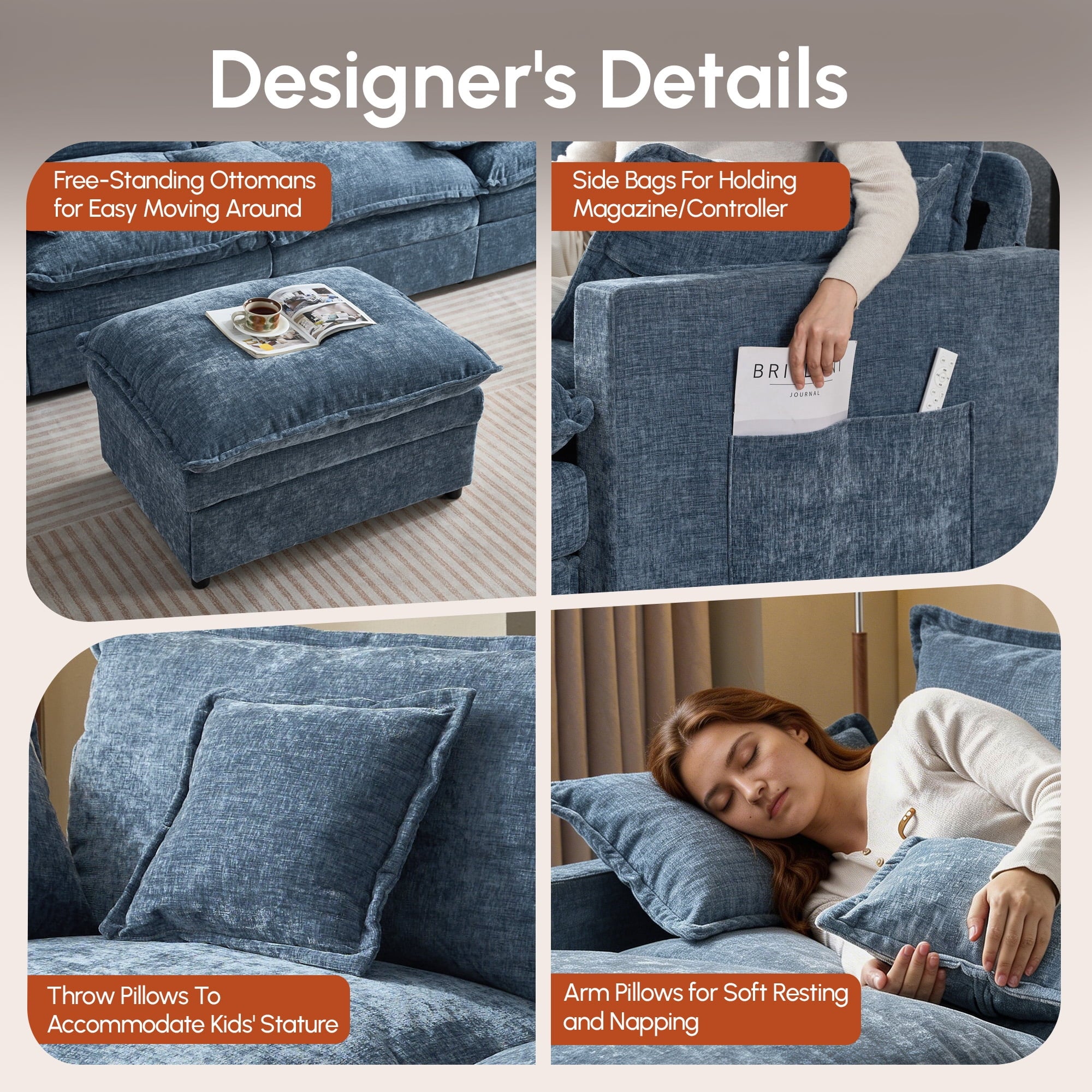 Ovios 108 Modular Sectional Sofa U-Shaped Cloud Couch with 2 Ottomans, Comfy Living Room Furniture, Chenille, Dark Blue