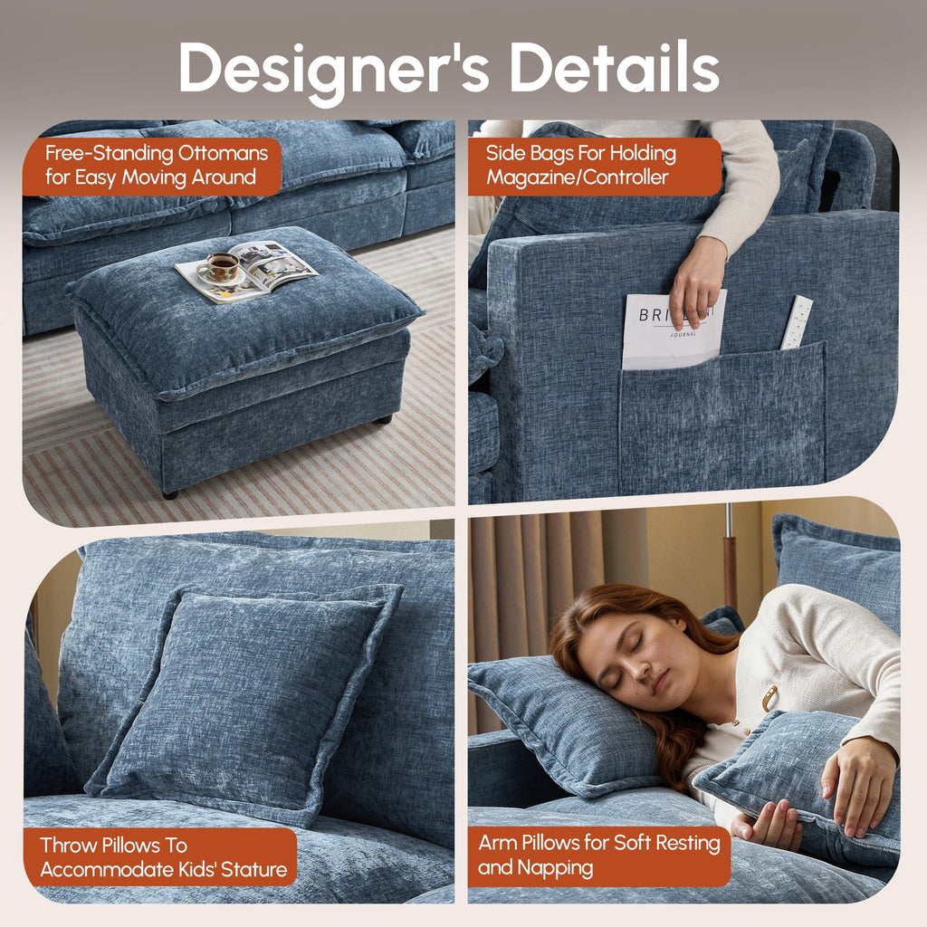 Ovios 108 Modular Sectional Sofa U-Shaped Cloud Couch with 2 Ottomans, Comfy Living Room Furniture, Chenille, Camel