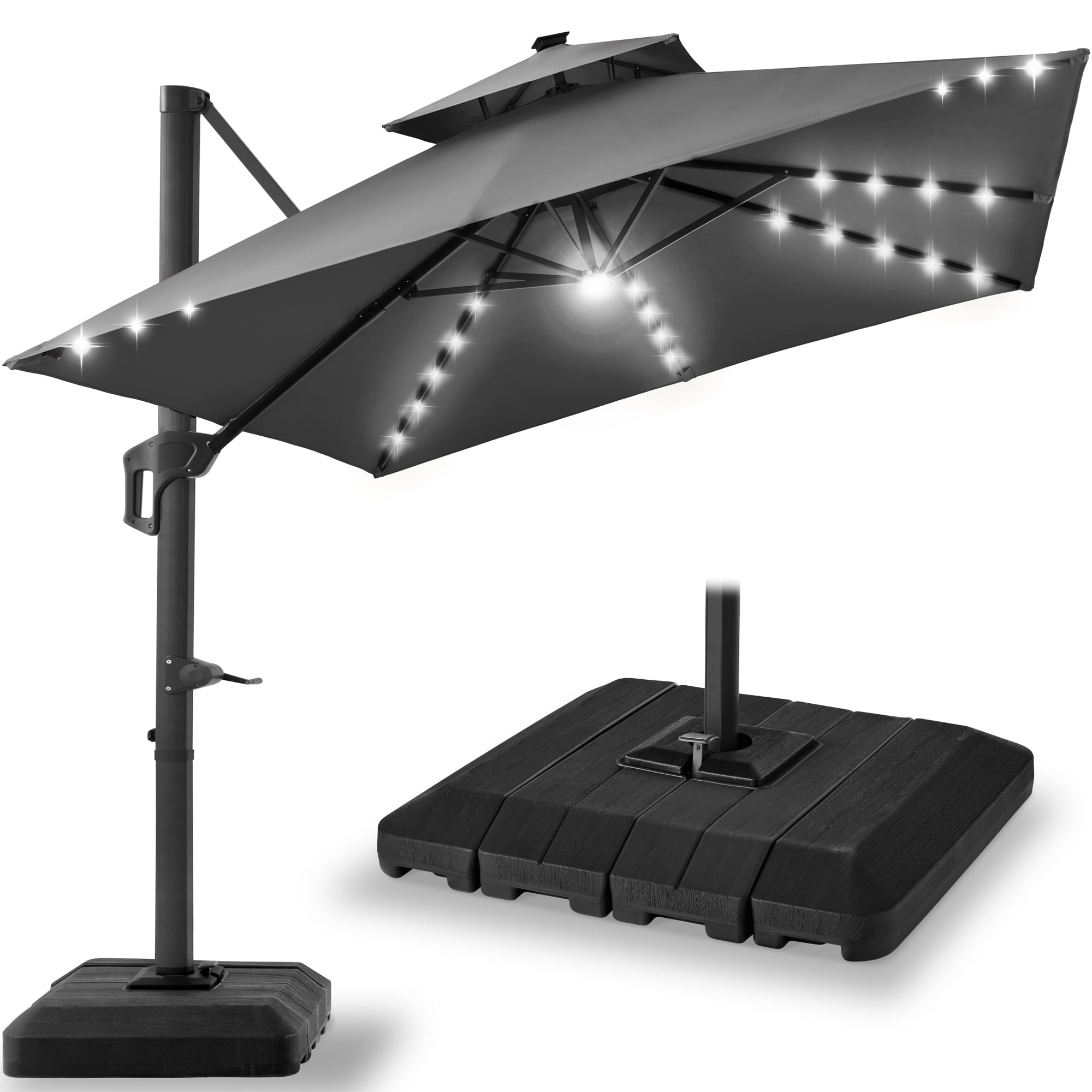 Best Choice Products 10x10ft 2-Tier Square Outdoor Solar LED Cantilever Patio Umbrella w/ Base Included - Tan