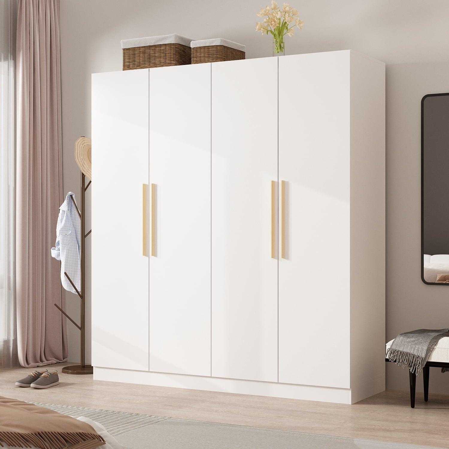 KULAGAGA  Large Wardrobe Closet, 4-Door Armoire Storage Cabinet with Hanging Rods and Shelves for Bedroom, White