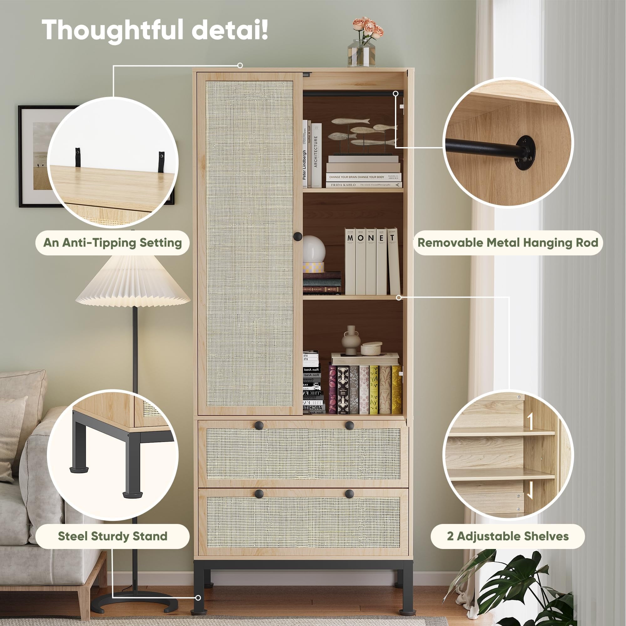 Brafabhome 67H Fluted Armoire Wardrobe Closet with Drawer, Wooden 2 Doors Wardrobe Cabinet with Hanging Rod & Adjustable Shelf for Bedroom | Nature