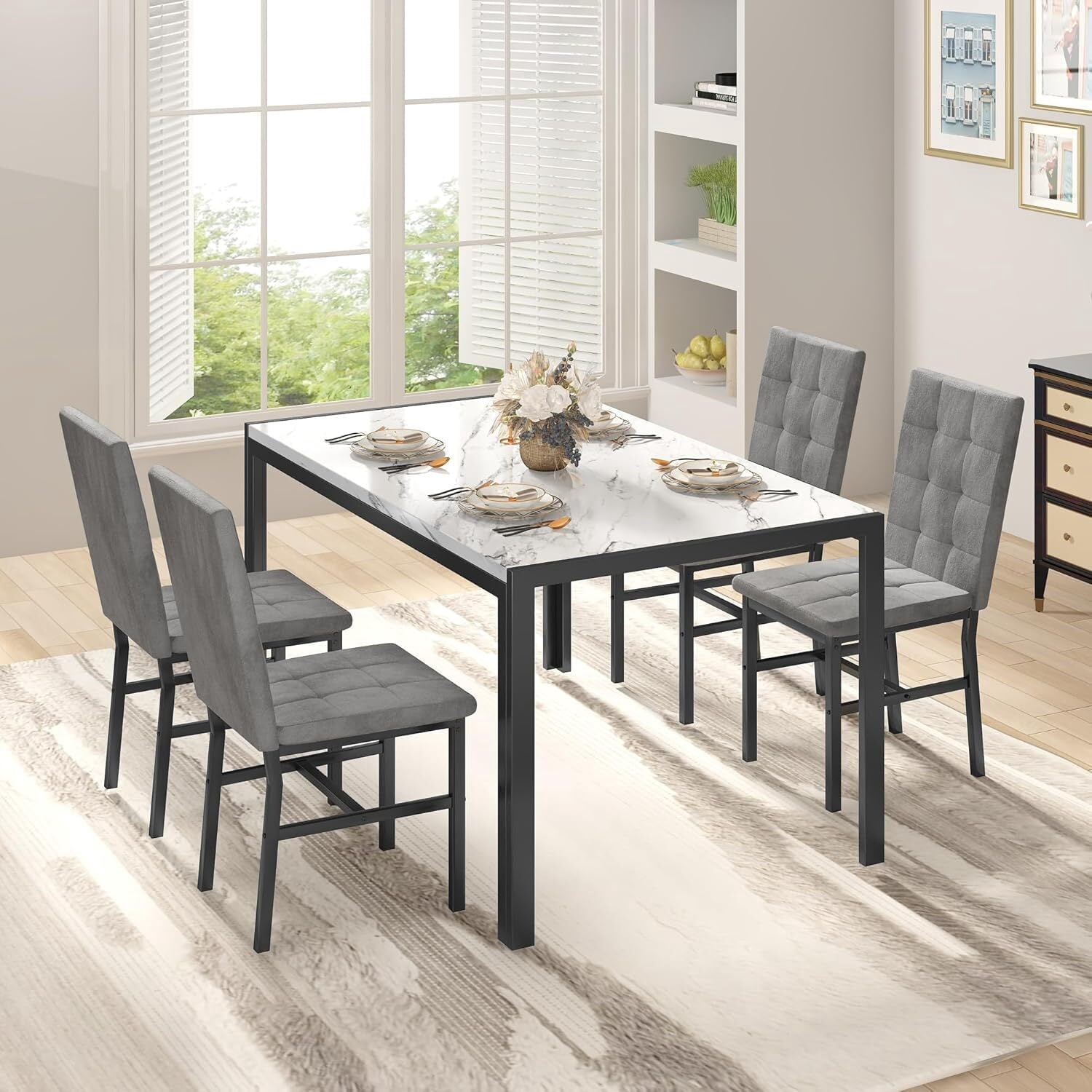 MOOSENG 5-Piece Dining Table Set with Faux Marble Top, Modern Kitchen Table and Set of 4 Grey Velvet Upholstered Chairs, Space-Saving Dinette Set for Small Spaces