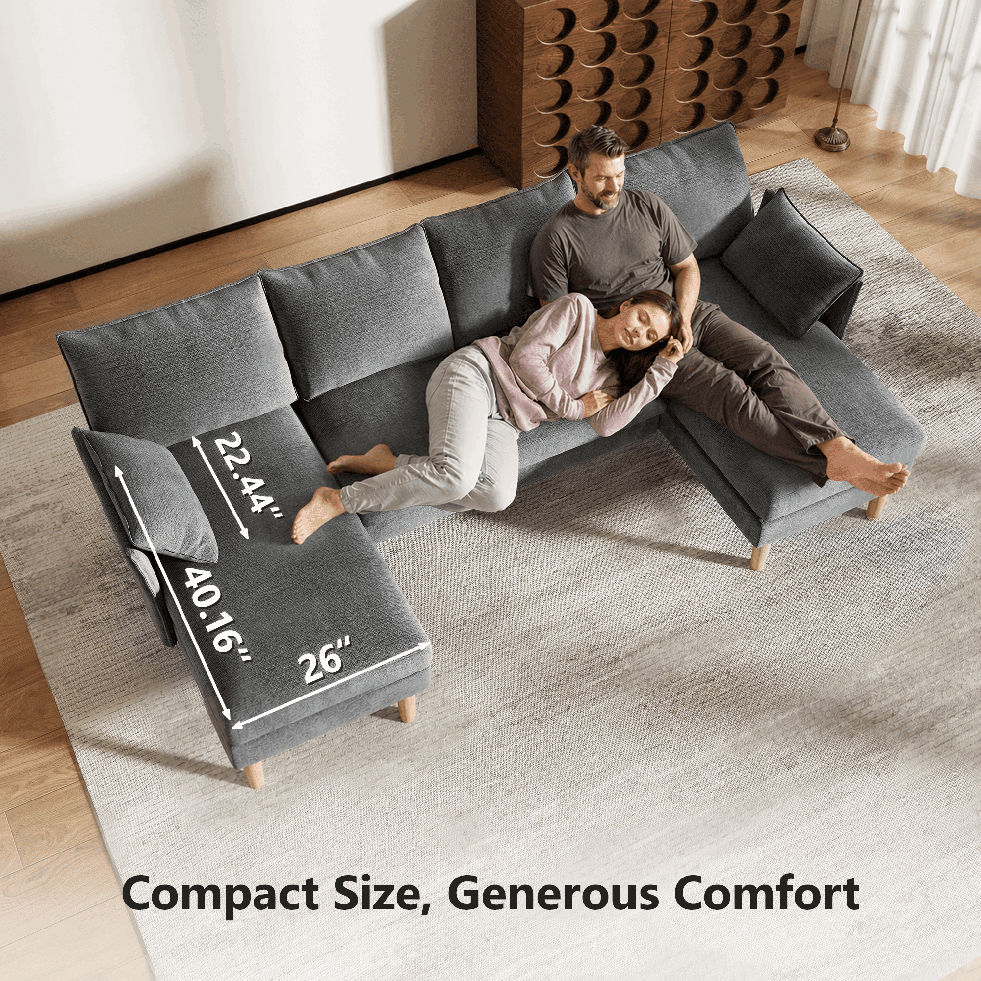 BedLuxury 100 U-Shape Sectional Sofa with Chaise, Chenille Modern Couch with High Legs for Living Room, Apartment, Gray