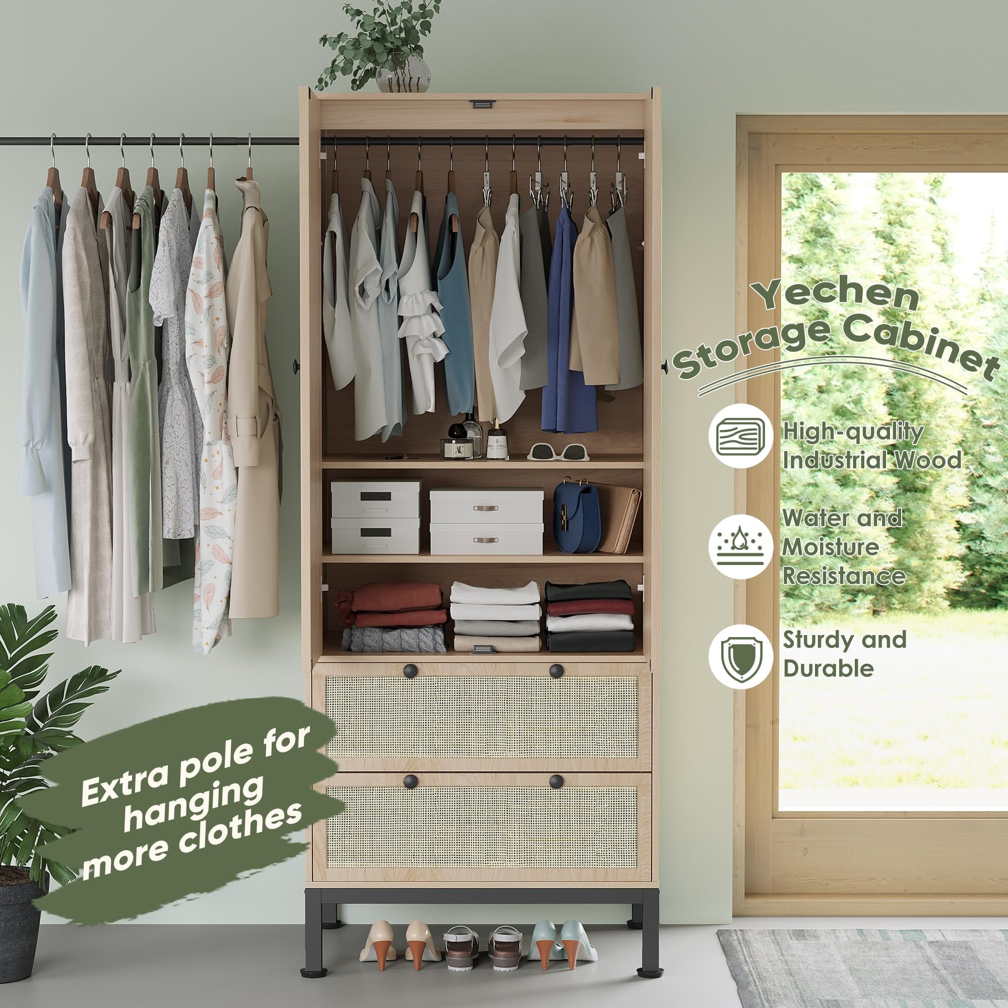 Brafabhome 67H Fluted Armoire Wardrobe Closet with Drawer, Wooden 2 Doors Wardrobe Cabinet with Hanging Rod & Adjustable Shelf for Bedroom | Nature